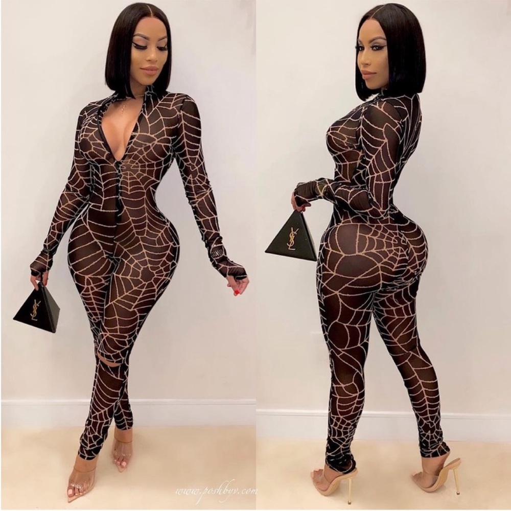 PoshByV Gigi Spiderweb Jumpsuit Sheer Mesh Spider Web Posh By V Halloween Style
